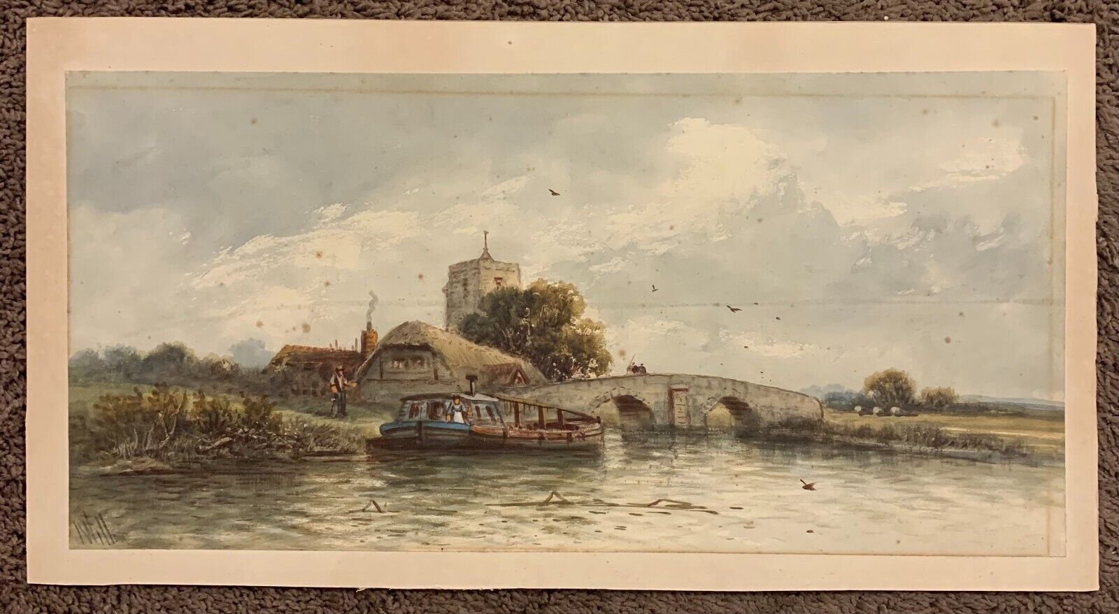 Original Antique Watercolor English Country Cottage, Bridge, Boat on River c1900