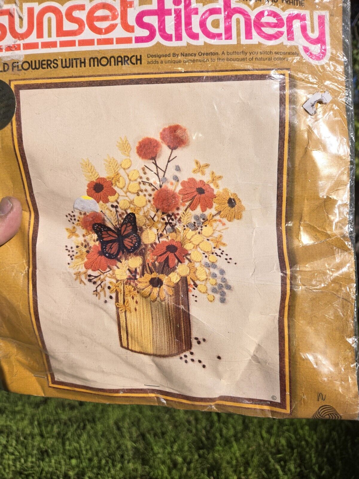 1975 Sunset Stitchery Fields Flowers & 3-D Monarch Butterfly Vintage Crossstitch
