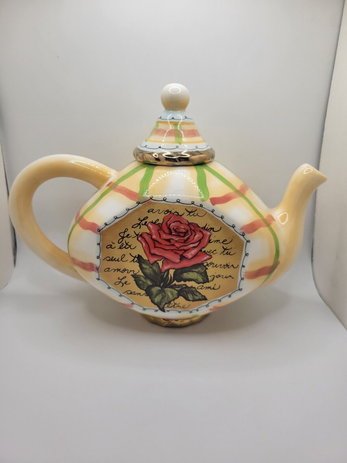 Vintage Rose Ceramic Teapot with Green Yellow Red Stripe Plaid