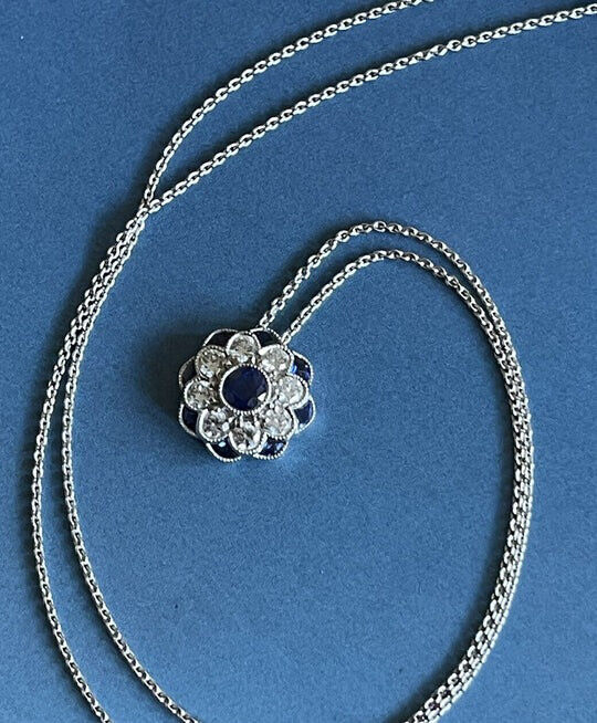 Circa 1930\'S Round & Sapphire CZ Stone Necklace, Antique Vintage Style Pendant