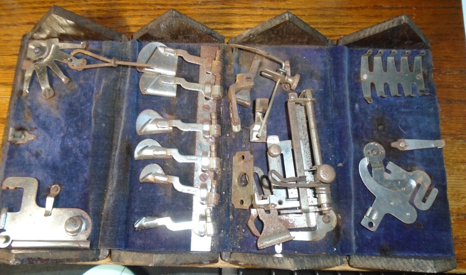 Antique Singer Sewing Wooden Puzzle Box + Attachments / Parts Feb 19 1889