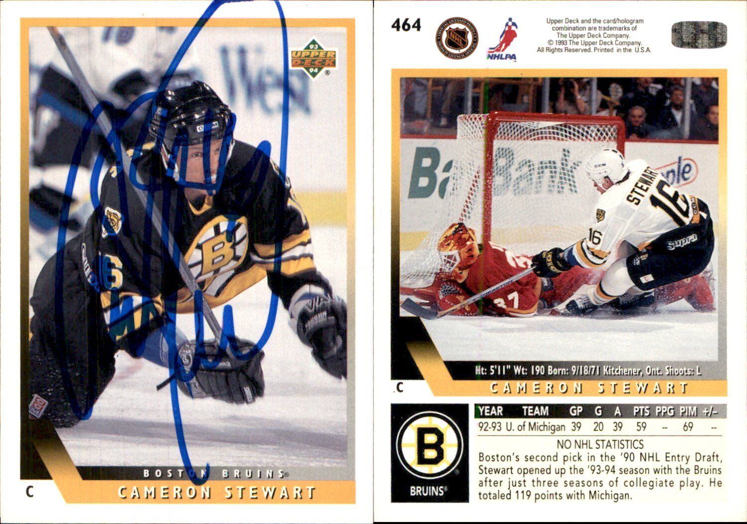 Cam Stewart Signed 1993-94 Upper Deck #464 Card Boston Bruins Auto AU