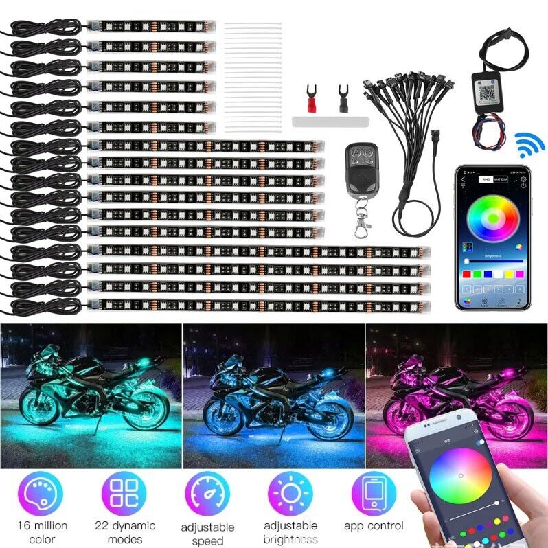 16PCS Motorcycle RGB LED Strip Light Under Glow Neon Kit Bluetooth APP Control