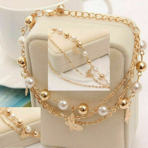 Gold Dangle Butterfly Layered Anklet Gold Bead White Pearl Ankle Bracelet Dainty