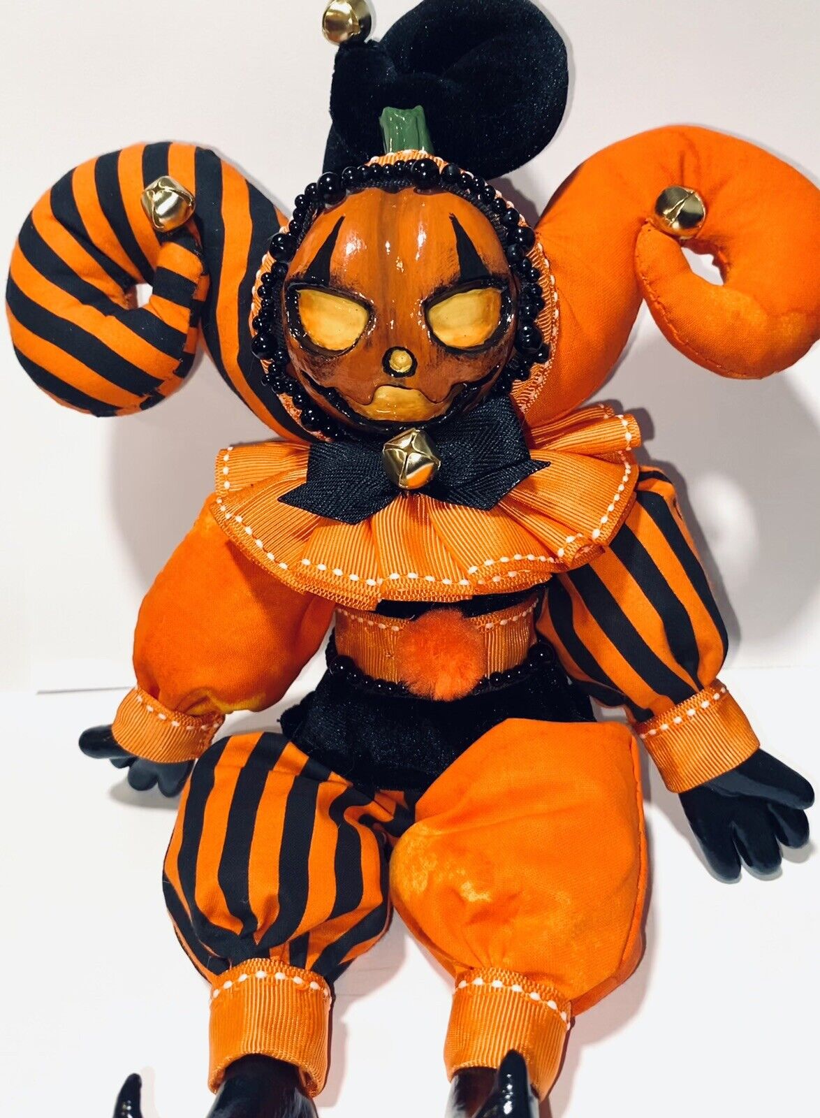 HANDMADE OOAK  Halloween Pumpkin Clown Doll 14” Sitting Weighted Shelf Decor
