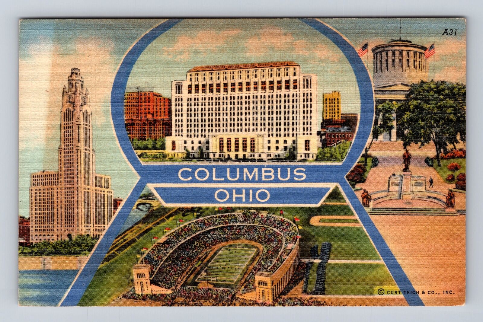 Columbus OH-Ohio, Greetings, OSU Stadium, Capitol, Vintage c1941 Postcard