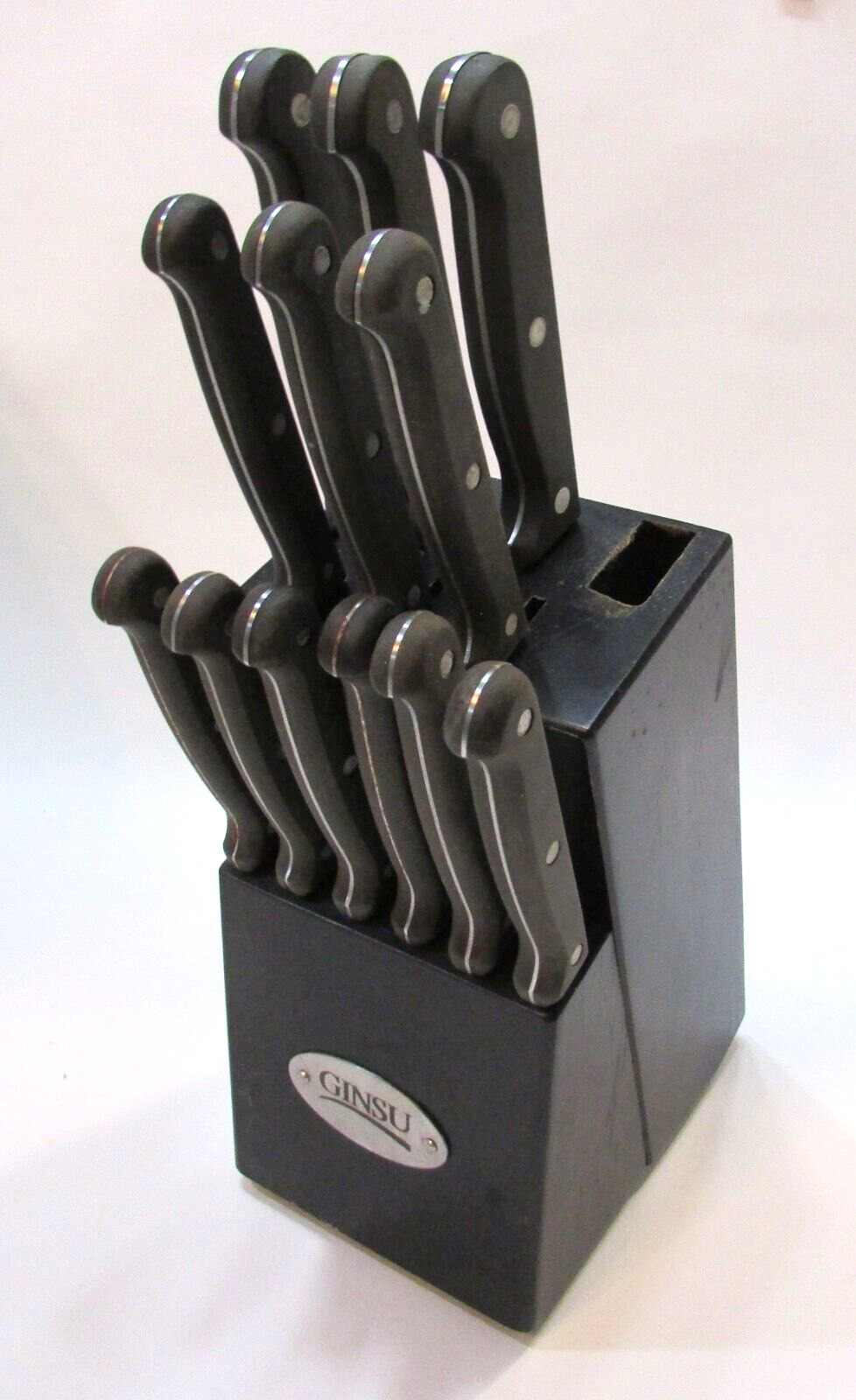 Vintage 1990\'s Set 12 Ginsu Knives w Black Handles w Knife Block Sharp Undamaged