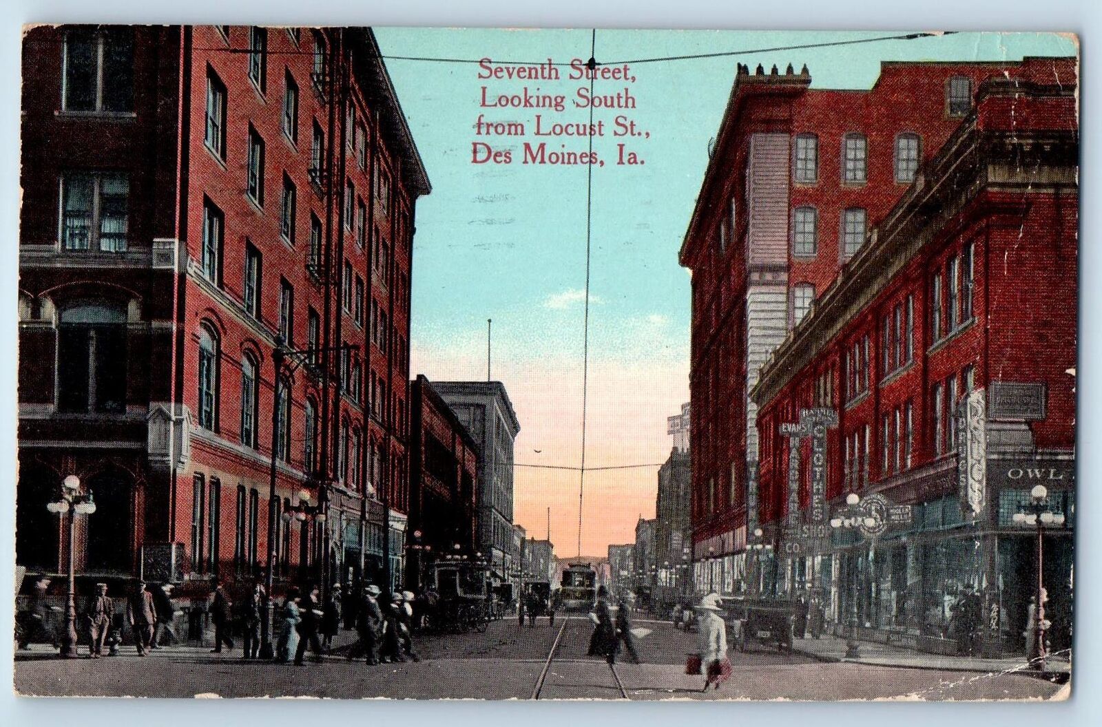 1915 Seventh St. Looking South Downtown Trolley Crowd Des Moines Iowa Postcard
