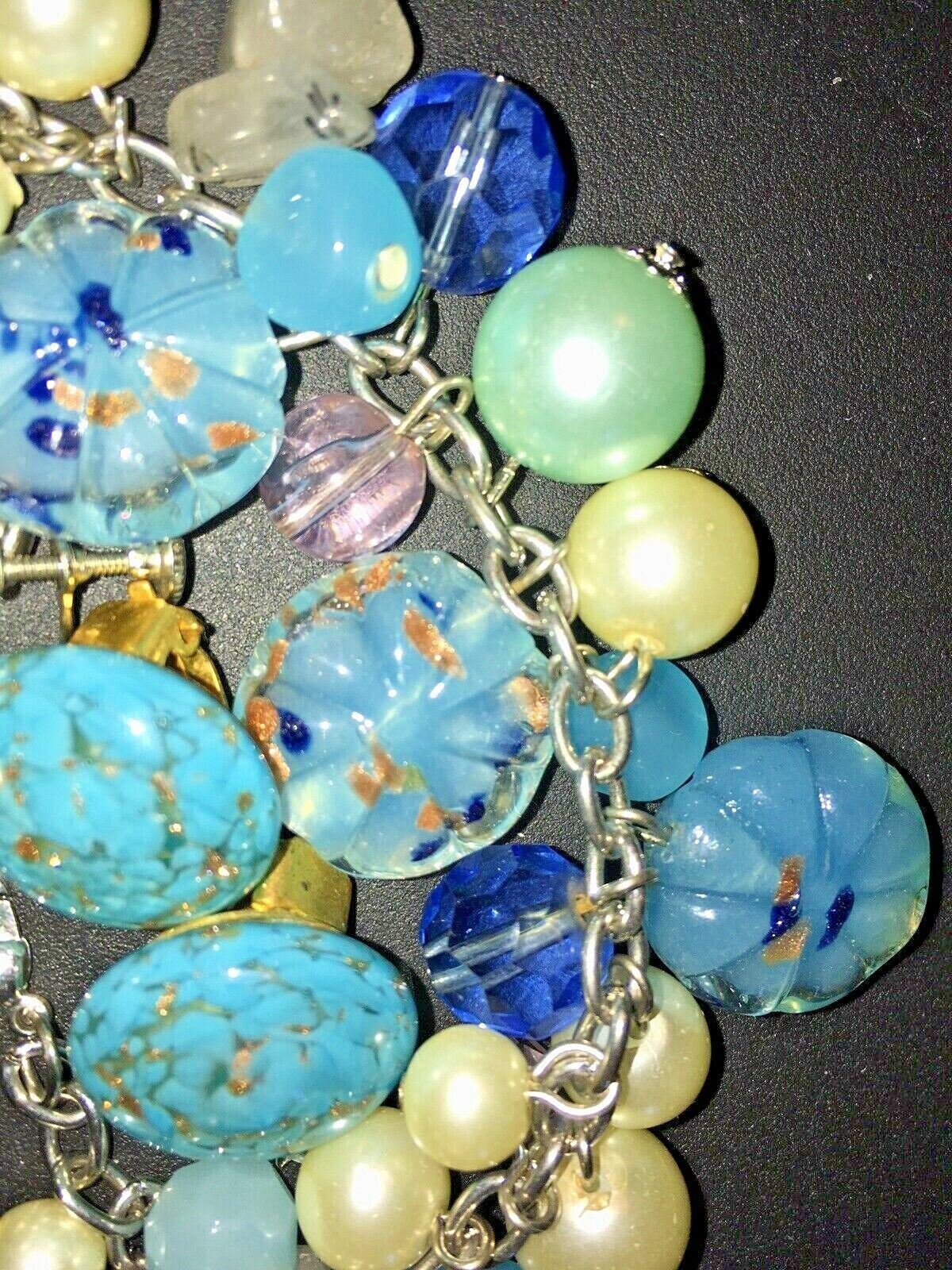 Vntg/Antq Blue Cha Cha Murano Bracelet & 2 Two sets earrings, venetian art glass