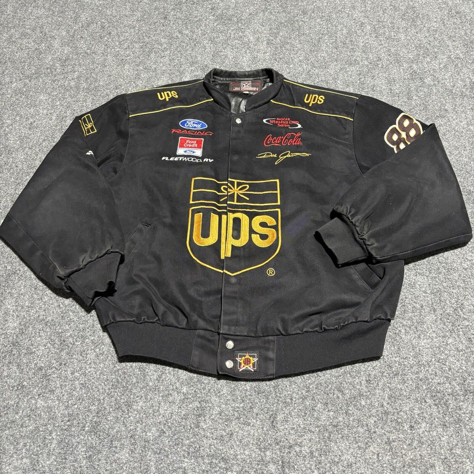 JH Designs Nascar Jacket Men\'s 2XL XXL Black UPS Dale Jarrett Embroidered Patch*