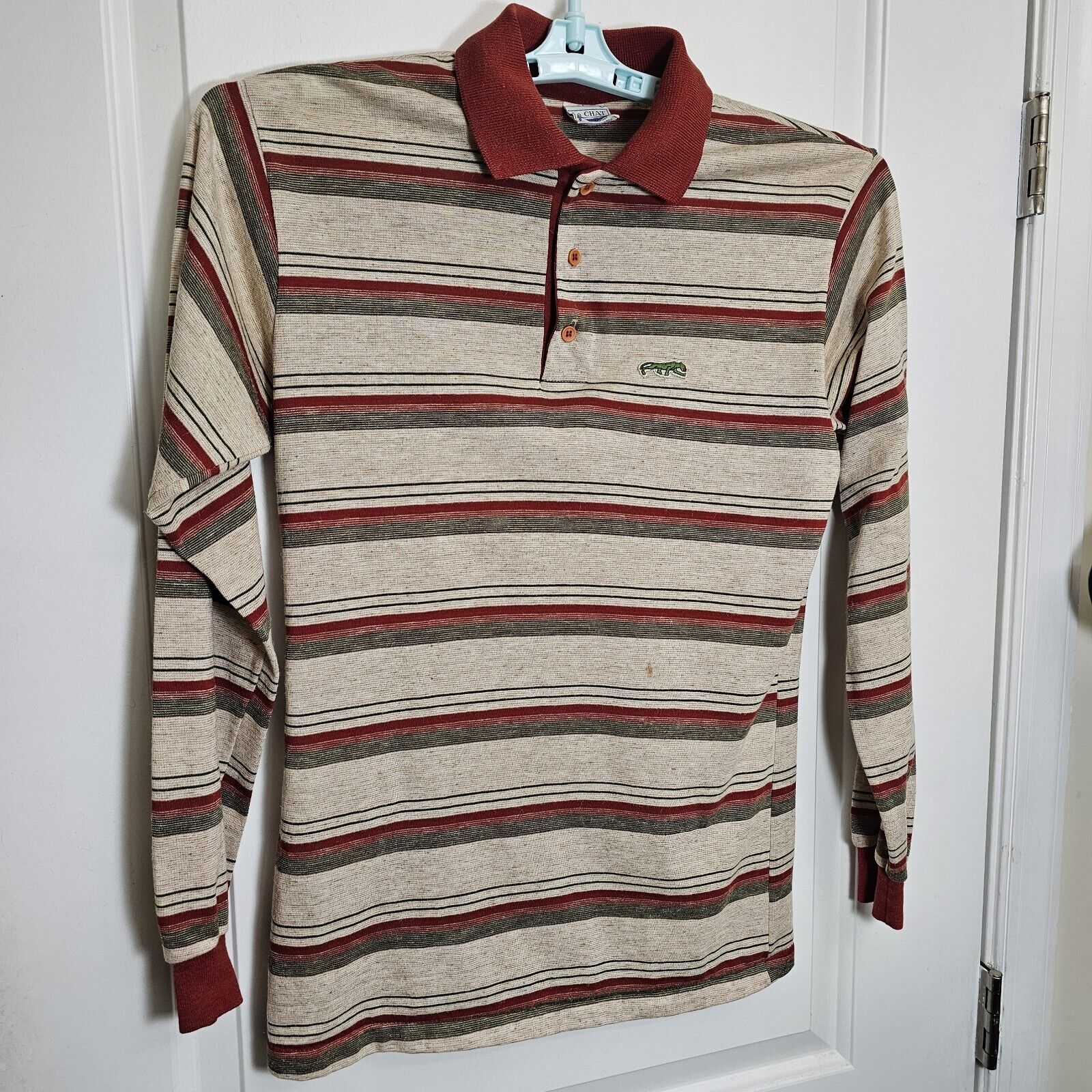 Vintage Le Chat Bruxton Boys 20 Rugby Polo Shirt Tan w/ Multicolor Stripes