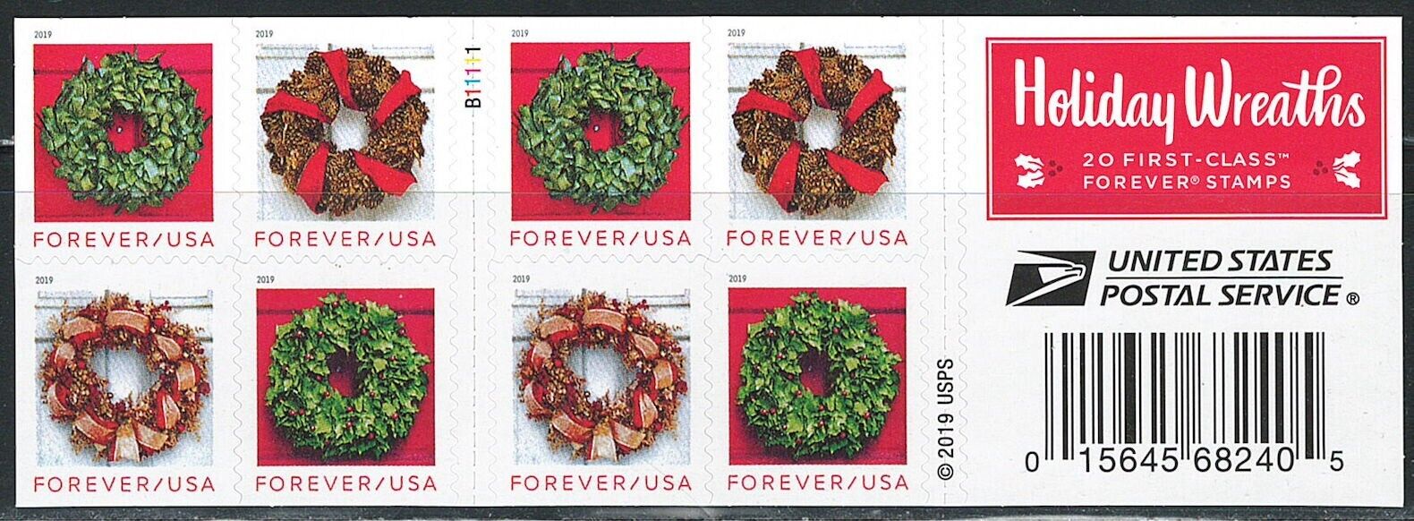 Mint US Holiday Wreaths Booklet Pane of 20 Forever Stamp Scott# 5427b (MNH)