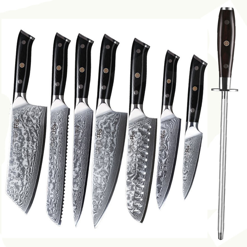 8Pcs TURWHO Kitchen Knife Sharpener Set Japanese VG10 Damascus Steel Chef Knives