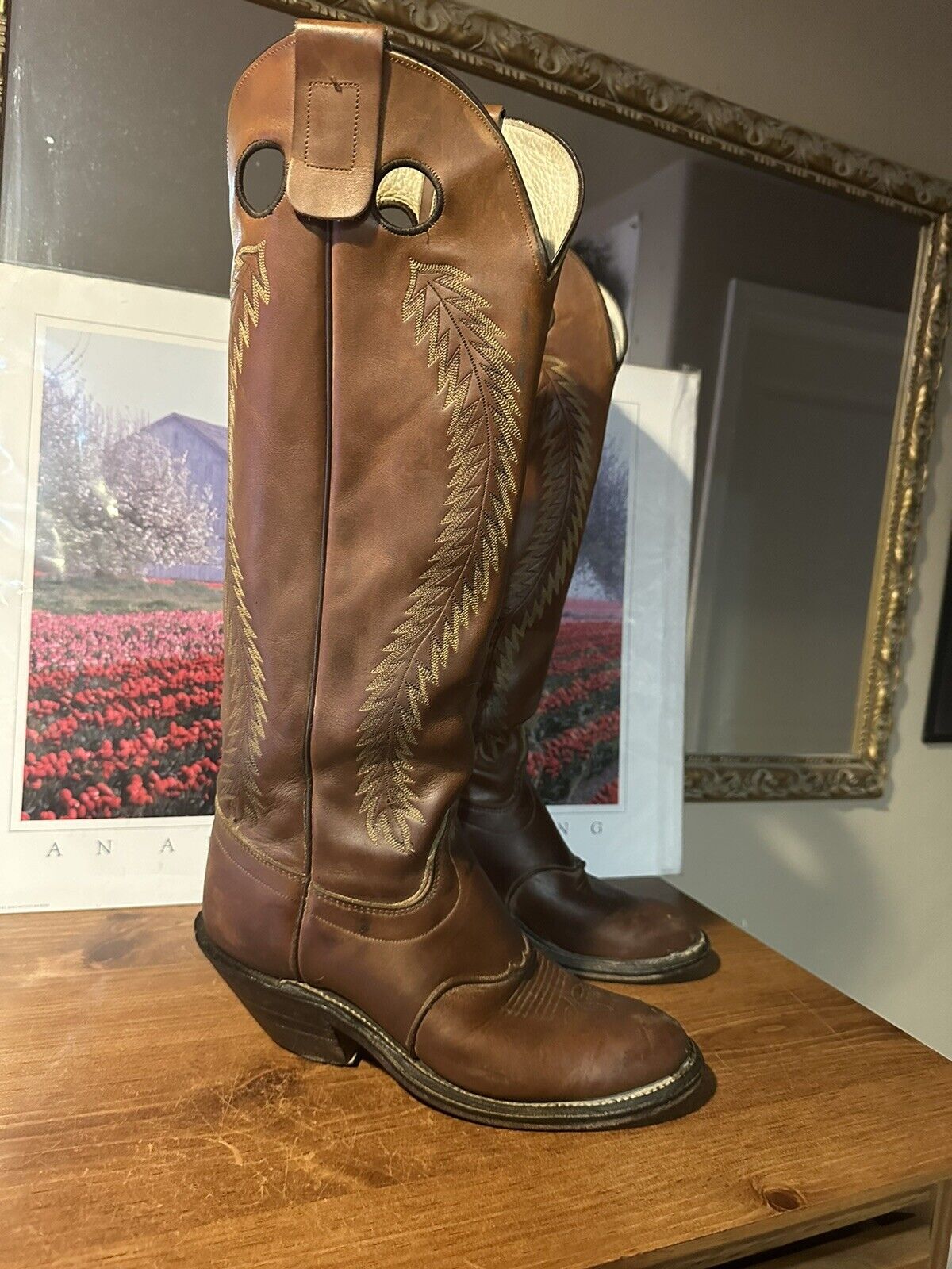 Olathe Men’s Leather Buckaroo Tall Shaft Pull On Western Brown Boots Sz 8.5 D
