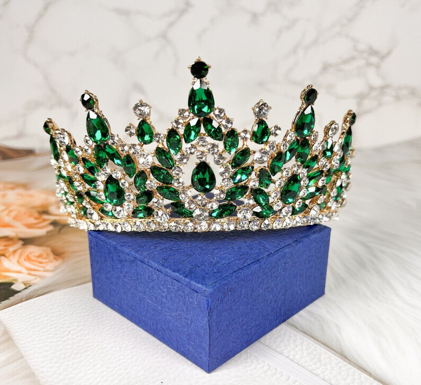 Baroque Vintage Gold Crystal Tiara, Wedding Gemstone Green Crown, Homecoming