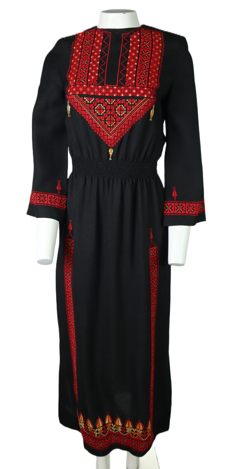 Vintage 60s 70s US XS Black Red Needlepoint Long Sleeves Maxi Dress Smocked