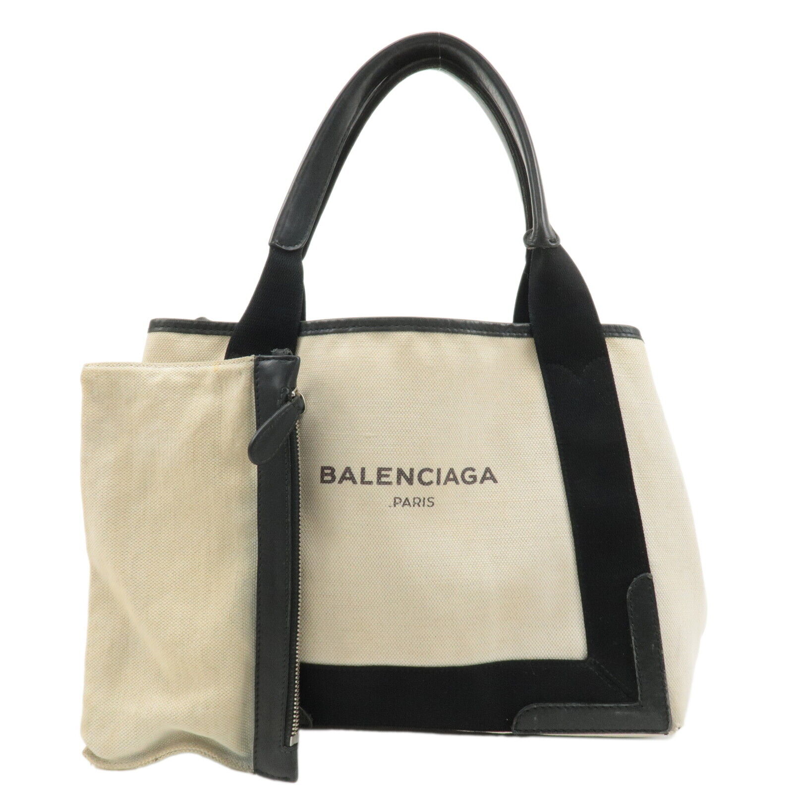 Auth BALENCIAGA Canvas Leather Navy Cabas S Tote Bag Ivory Black 339933 Used F/S