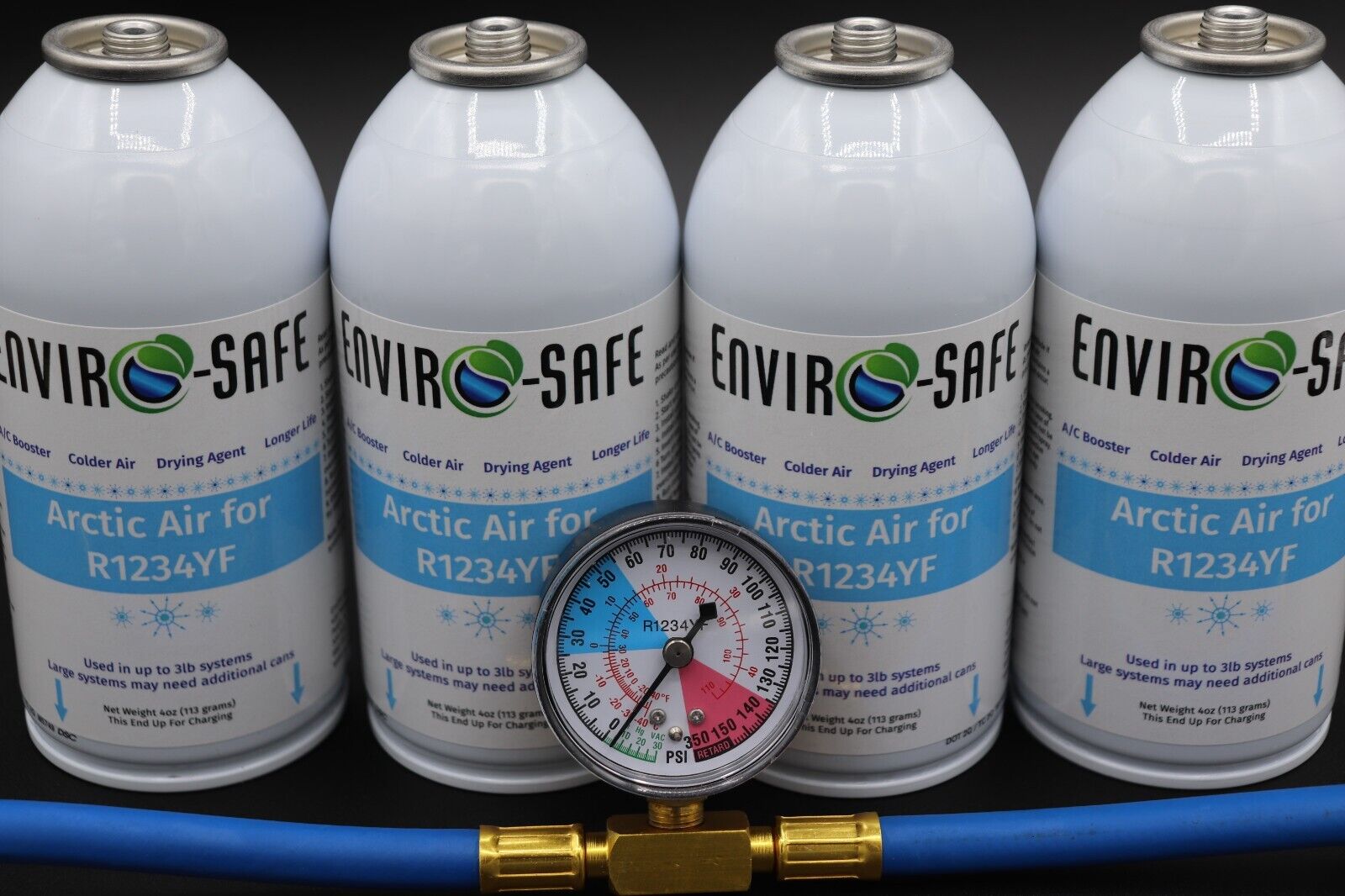 Arctic Air for R1234yf, 4 cans with Gauge, COLDER AIR, Enviro-Safe