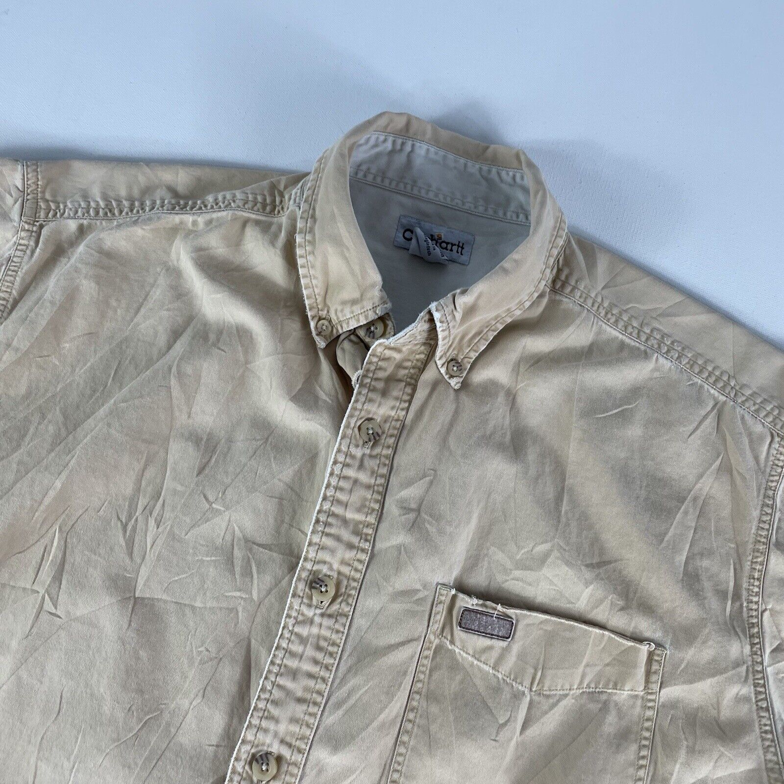 Carhartt Button Down Up Shirt Adult Large Tan Short Sleeve Cotton S132 Mens