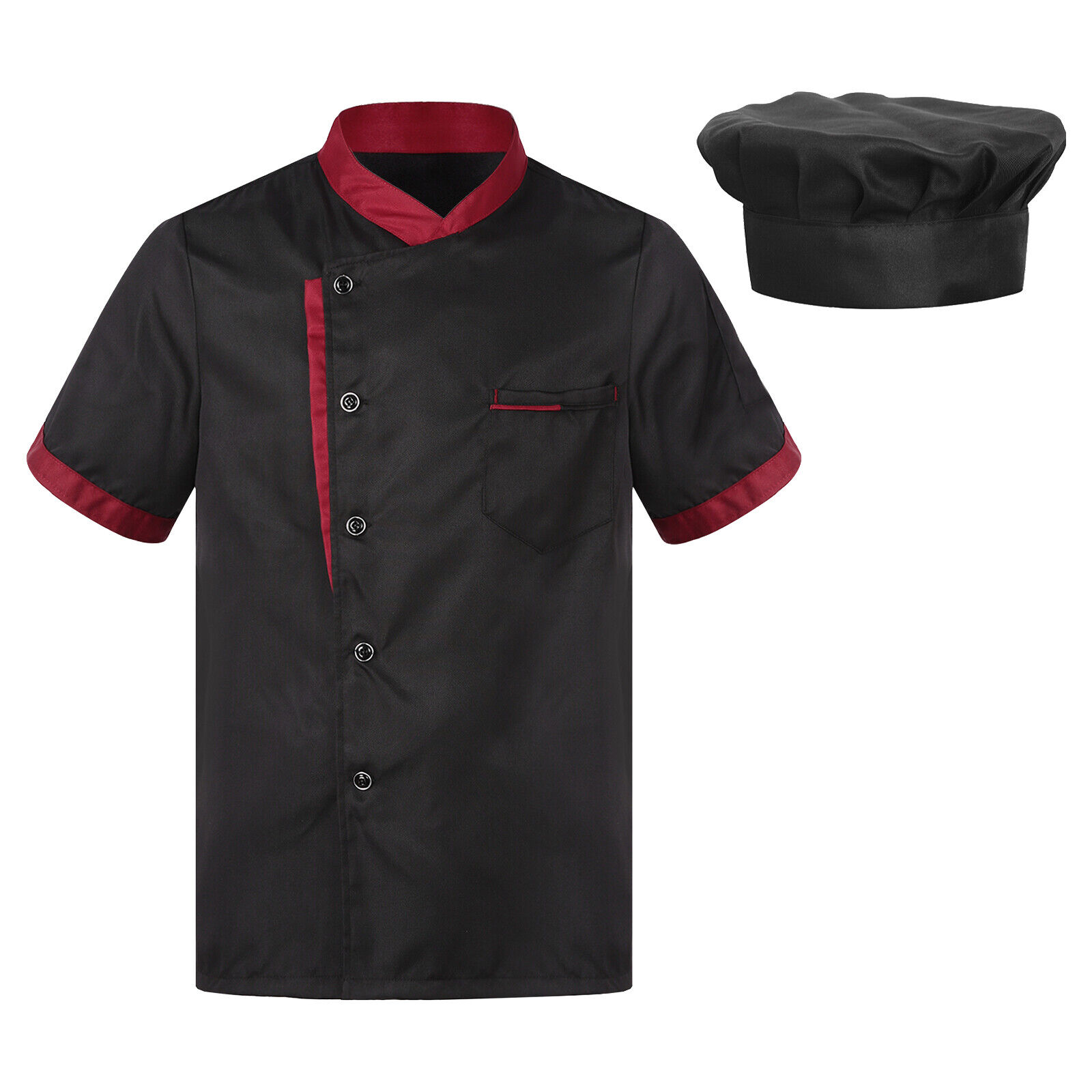 US Mens Chef Jacket Coat Uniform Kitchen Short Sleeve Jackets Work Cook Top +Hat