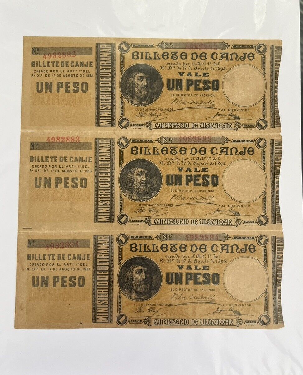1895 PUERTO RICO  BILL .. “BILLETE DE CANJE” PAPER MONEY - SHEET OF 3 BANKNOTES