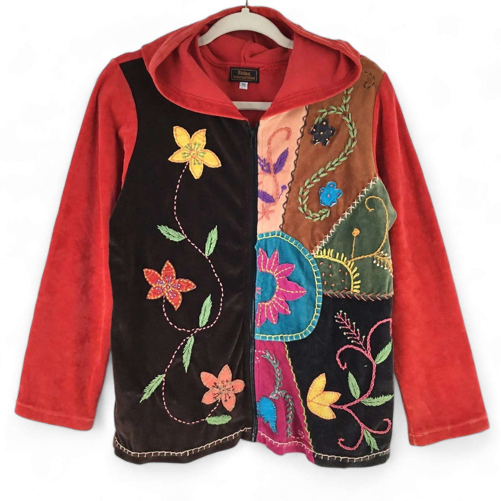 Rising International Hoodie Jacket Womens sz M Velvet Full Zip Floral Embroidery