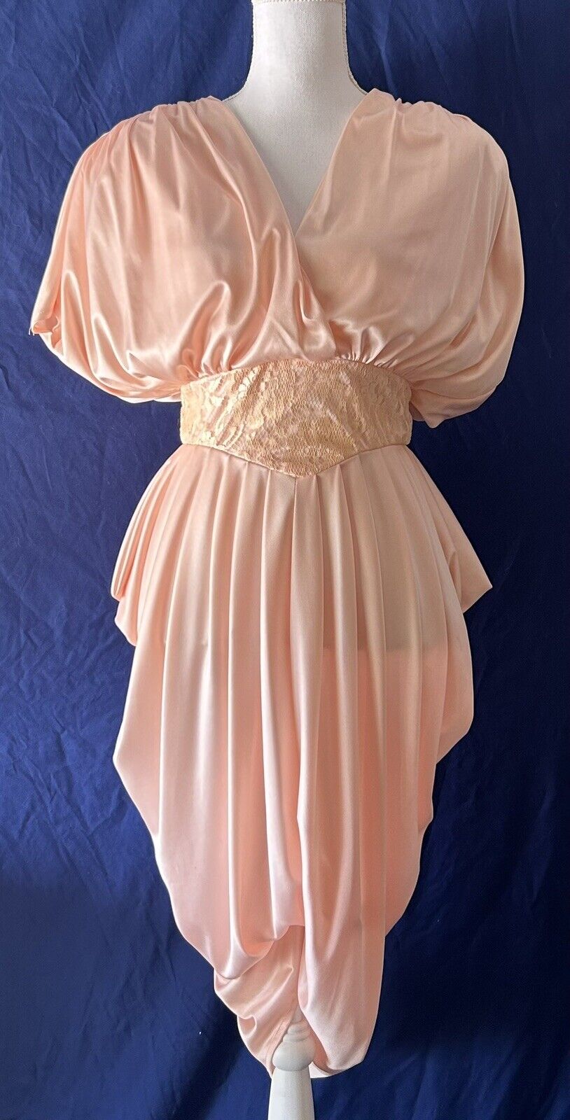 Vintage 70s Dress Light Pink Draped Fabric Cinched Waist Blouson Top Size 9