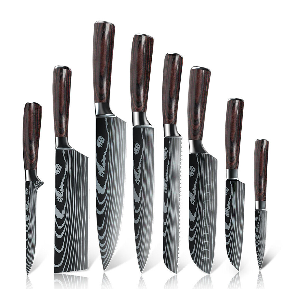 8PCS Kitchen Knives Set Professional Chef Damascus Pattern Cleaver Steak Knife