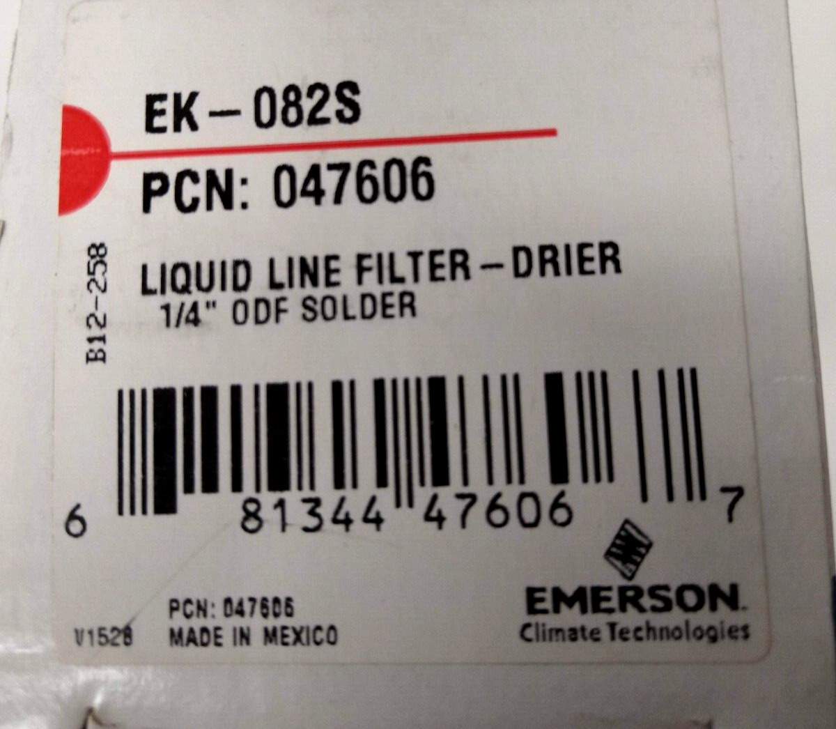 Emerson EK 082 Liquid Line Filter Drier 047606 1/4 ODF