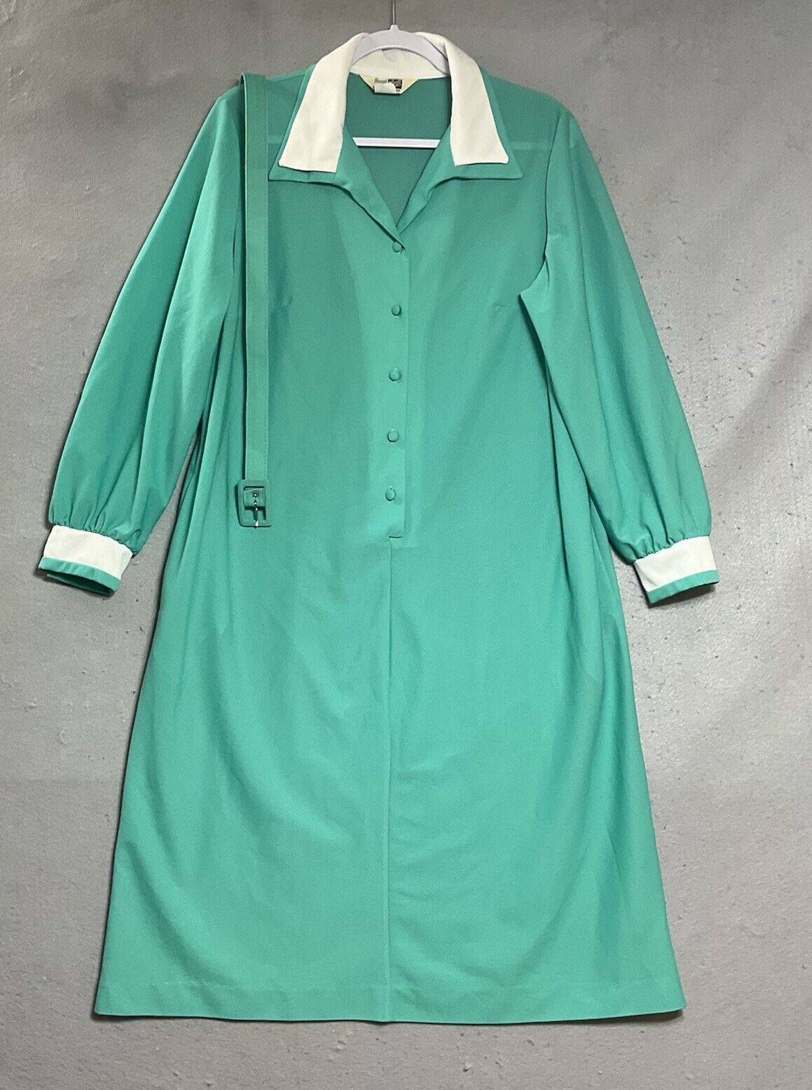 Vintage Sears Shirt Dress Womens Large Green Long Sleeve Midi Retro 60s 70s *
