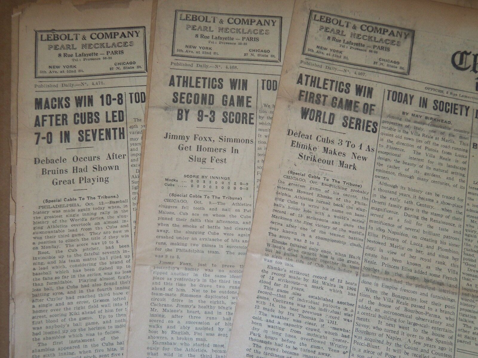 1929 WORLD SERIES ATHLETICS DEFEAT CUBS 4-1 CHICAGO DAILY TRIBUNE LOT OF 7