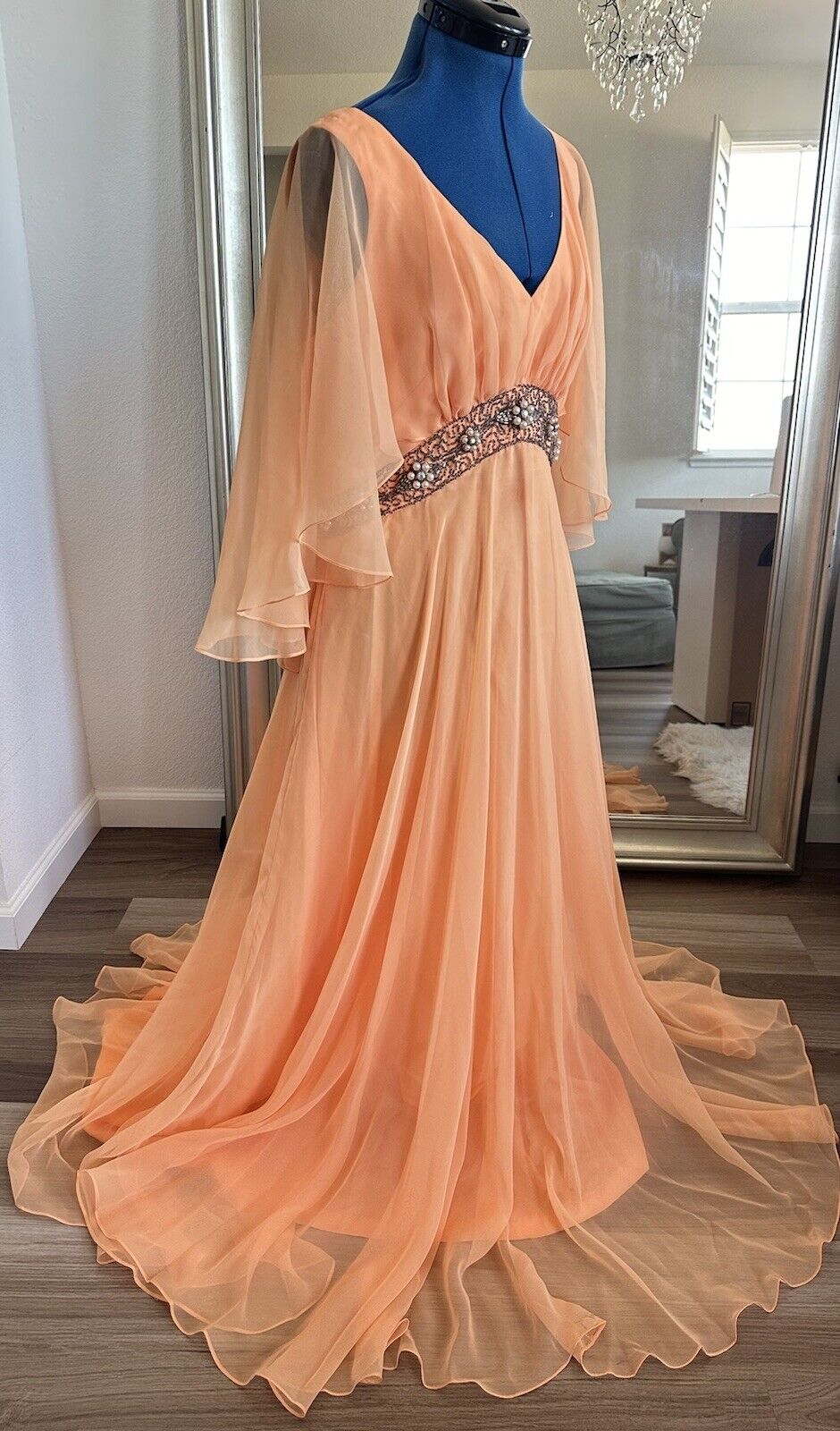 Vintage 60s 70s Melon Orange Chiffon Floral Beaded Goddess Maxi Dress Gown *Flaw