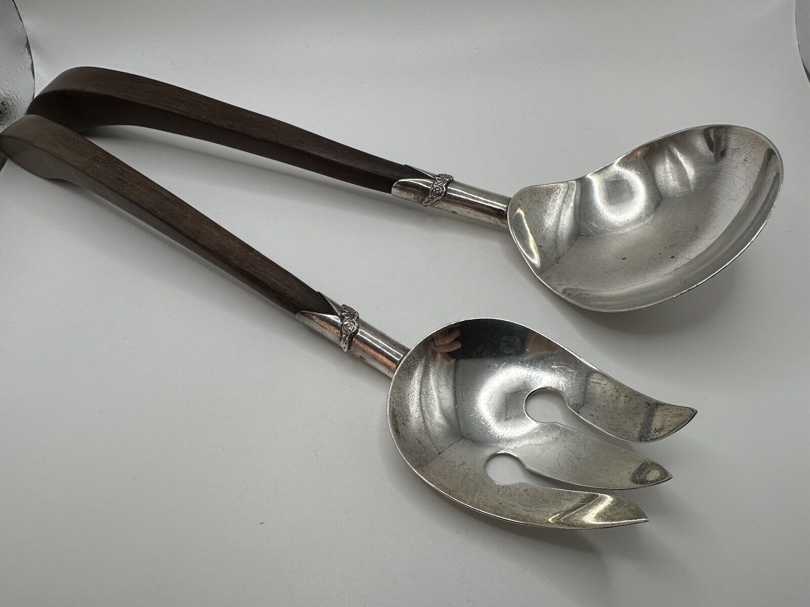 Vintage Mid Century Modern Sterling Silver Teak Salad Spoon And Fork 12.75”