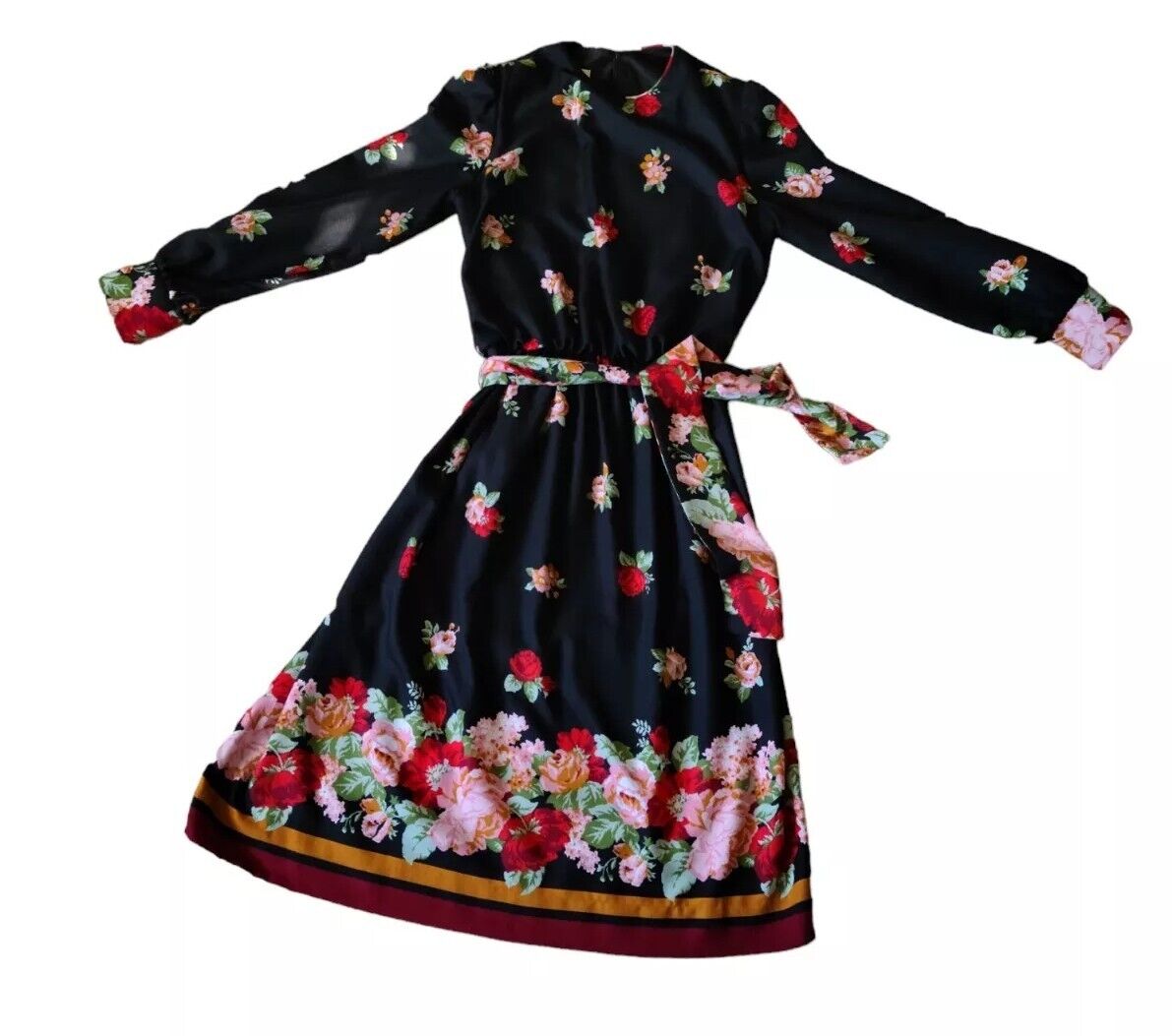 Vintage 1970s Dress Henry Lee Sz 10 Black Floral Mid Fit Flare Long Sleeve Belt