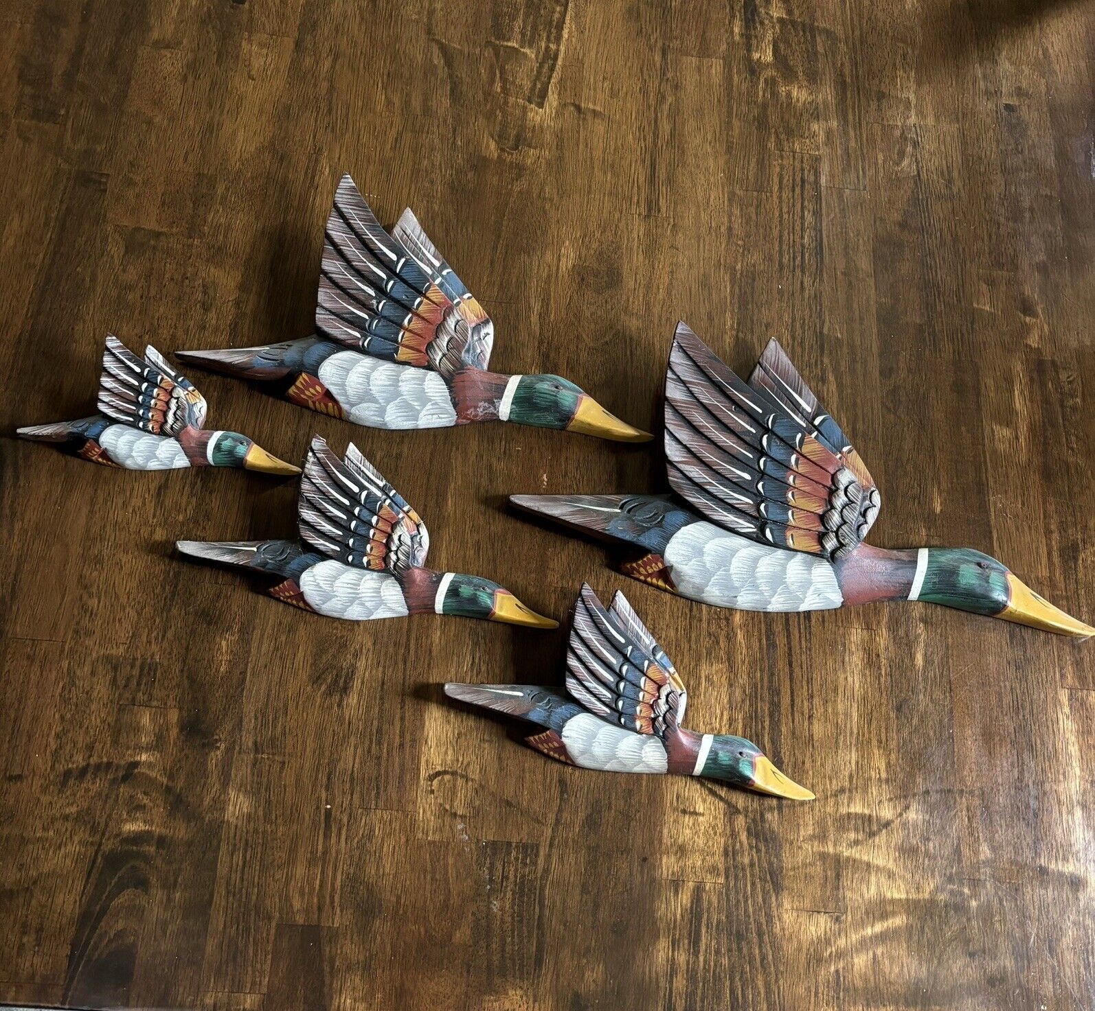 Vintage Wooden Mallard Ducks Set of 5 Great Wall Art Decor 16.5” By 8.5” Largest