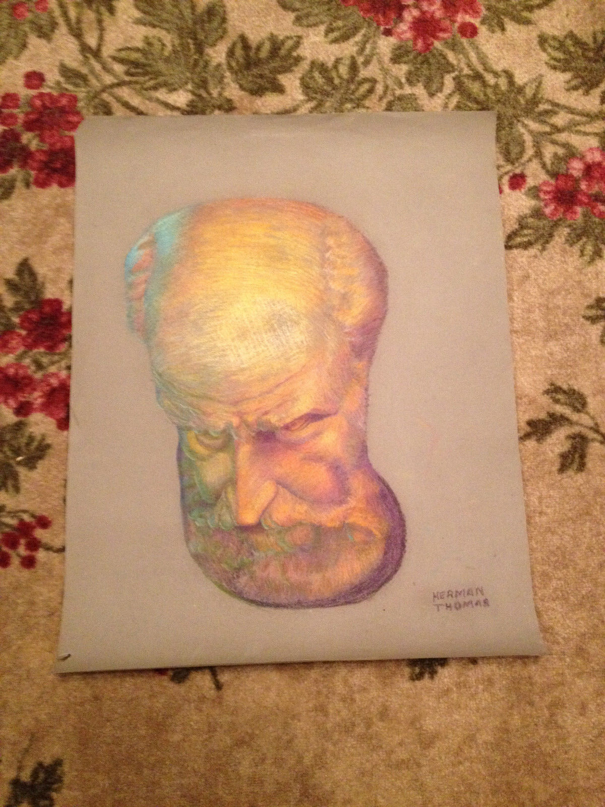 Antique Herman Thomas Signed Chalk / Pastel Drawing Study Man / Statue\'s Face