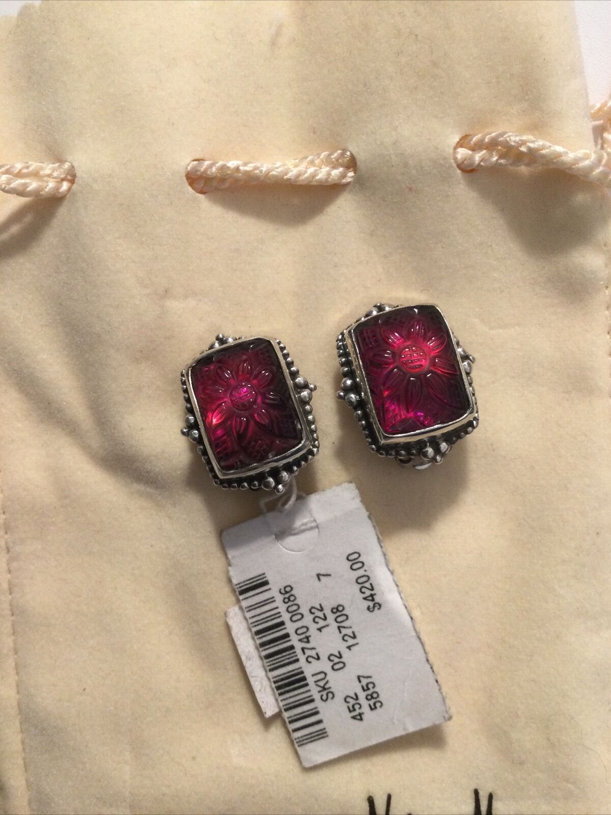Stephen Dweck Sterling Silver Carved Red Garnet Clip on Earrings NWT Retail $420
