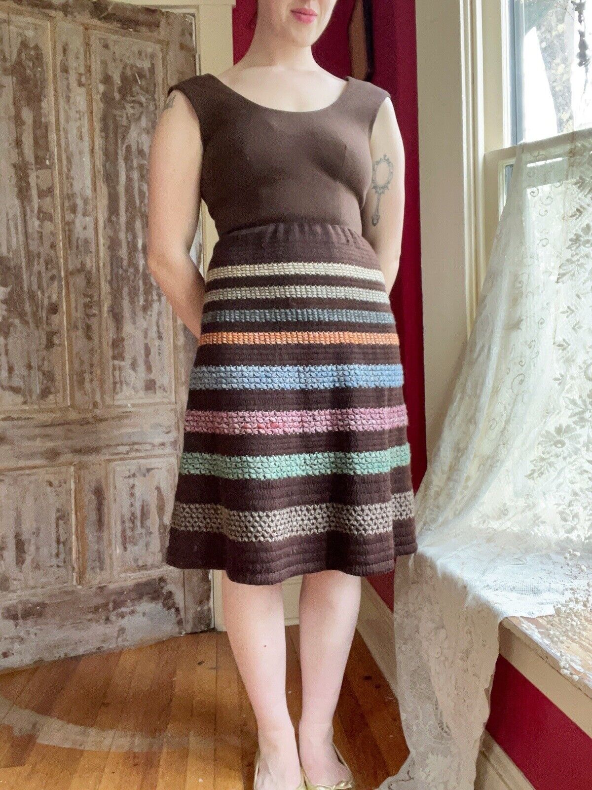 Vintage 1960s 1970s Chocolate Brown Tank Dress Mod Rainbow Knit Skirt Size XS