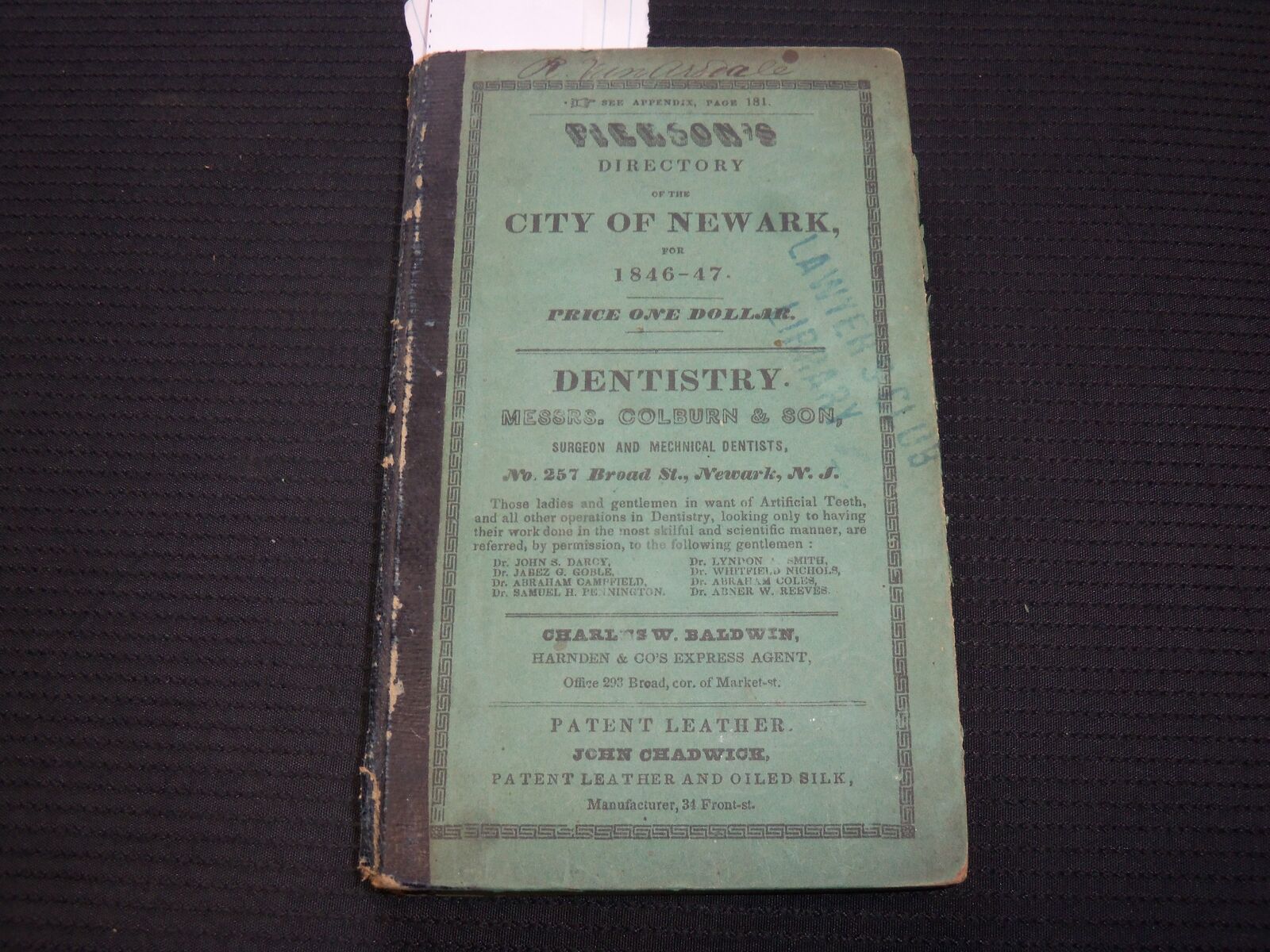 1851-1852 PIERSON'S DIRECTORY OF THE CITY OF NEWARK VOLUME - NICE ADS - KD 4501F