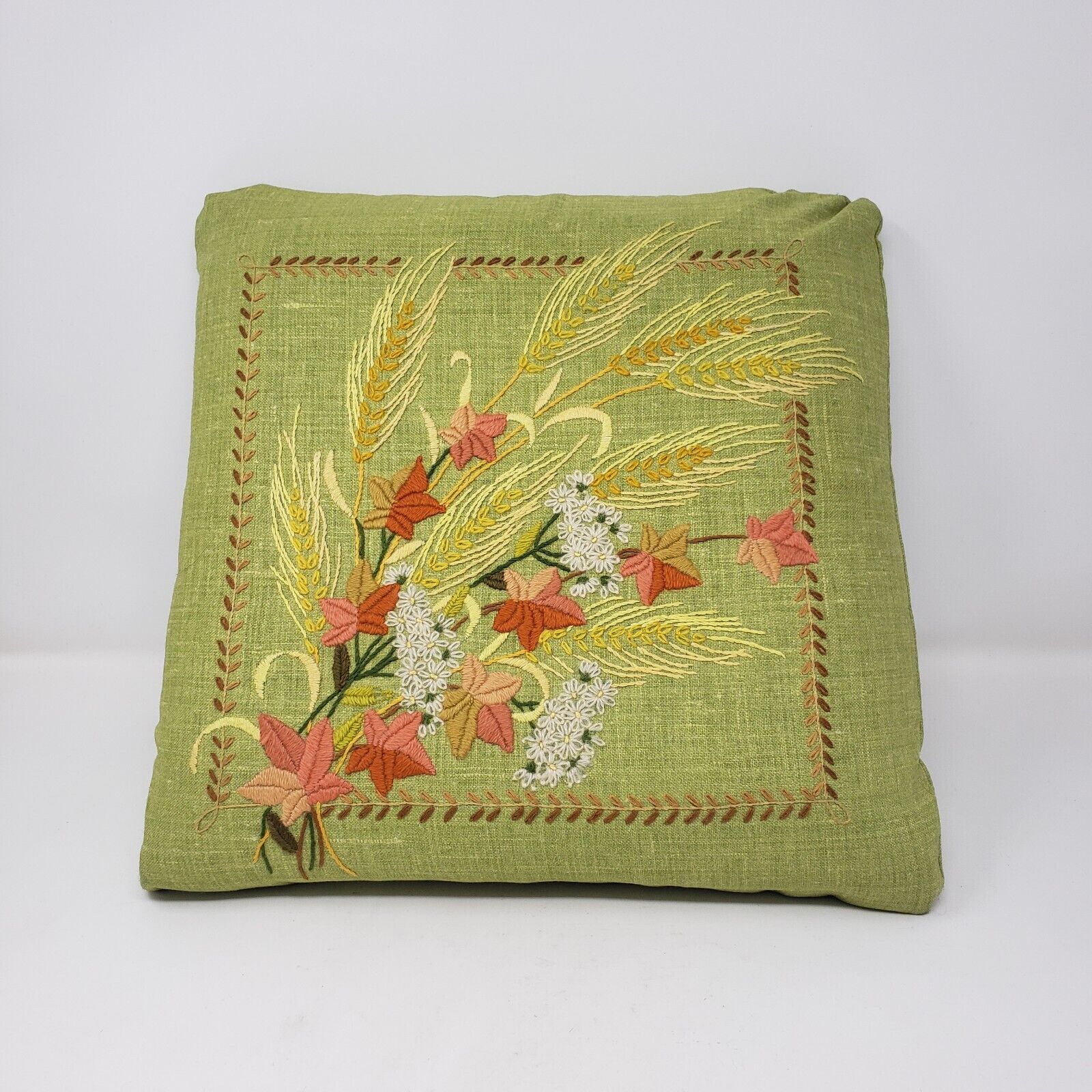 Vintage Wheat & Wild Flower Embroidery 14x14 Green Pillow Cottage Core Boho