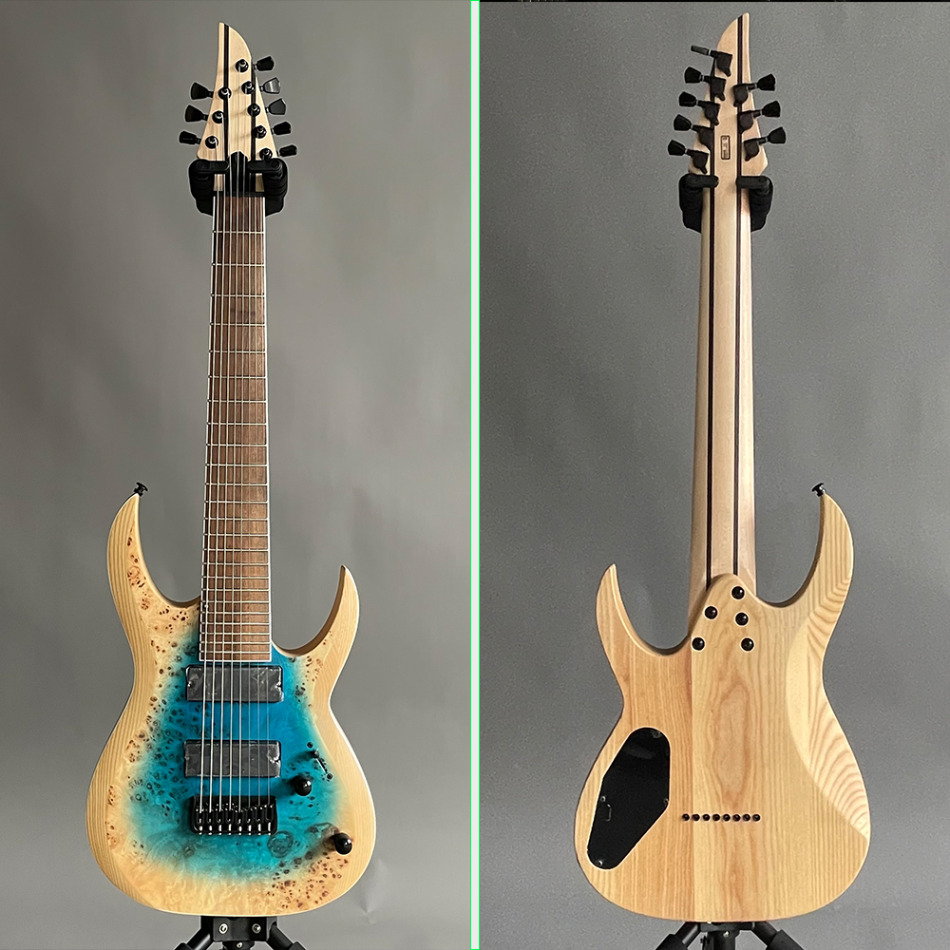 Custom 8-Strings Natural Color Electric Guitars Blue Burl Maple Top Veneer Body