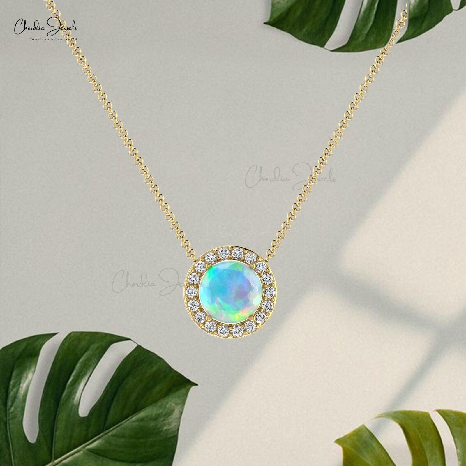 0.75 TCW Ethiopian Opal Solitaire Chain Necklace 14k Gold Diamond Halo Necklace