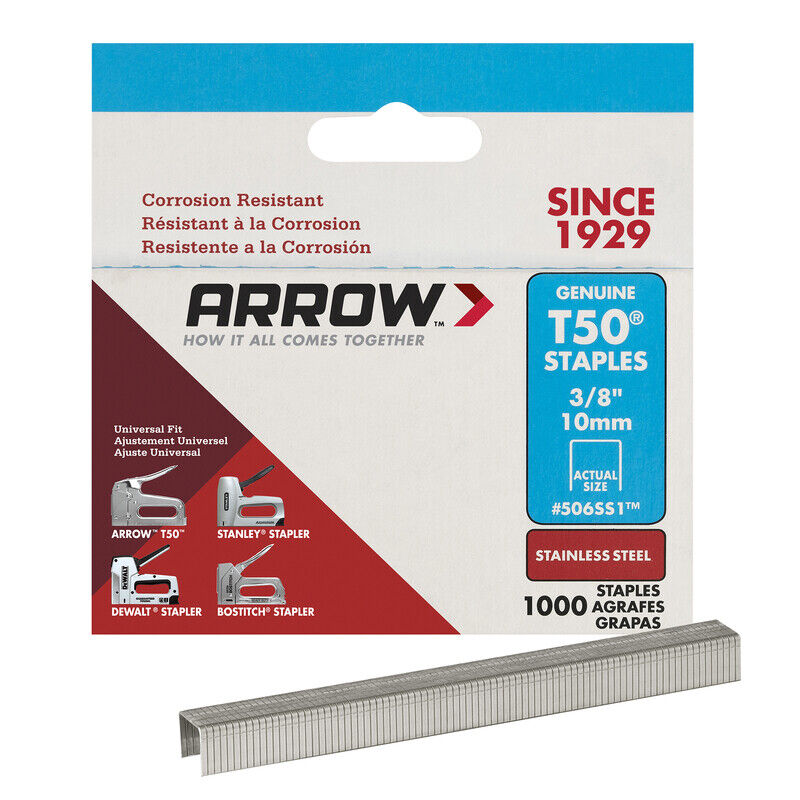 Arrow Fastener 506SS1 Stainless Steel T50 Staple Box 3/8 Crown x 3/8 L in.