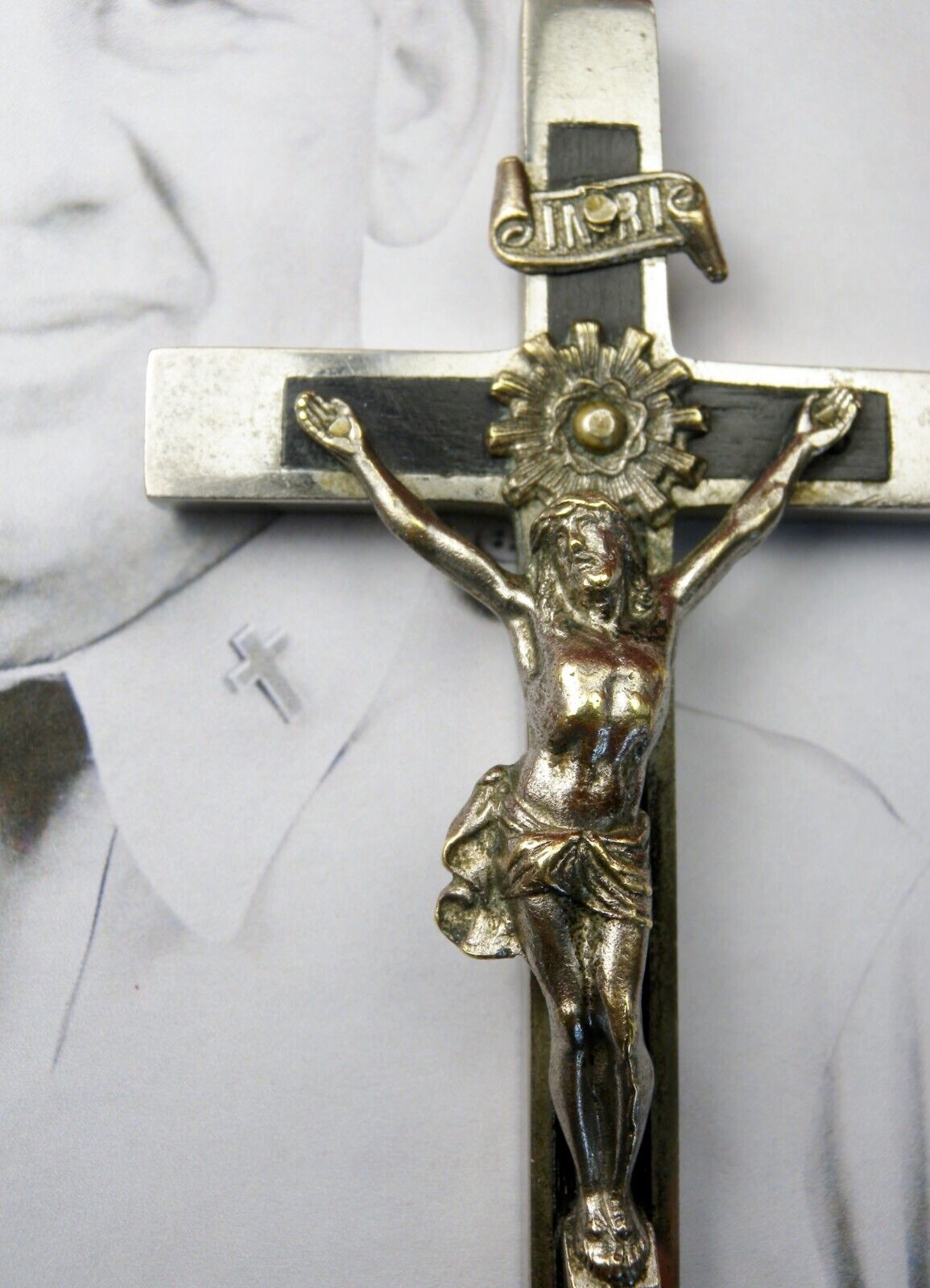 WWII Catholic US ARMY Chaplain's Ebony & Bronze French Vestment Crucifix Cross