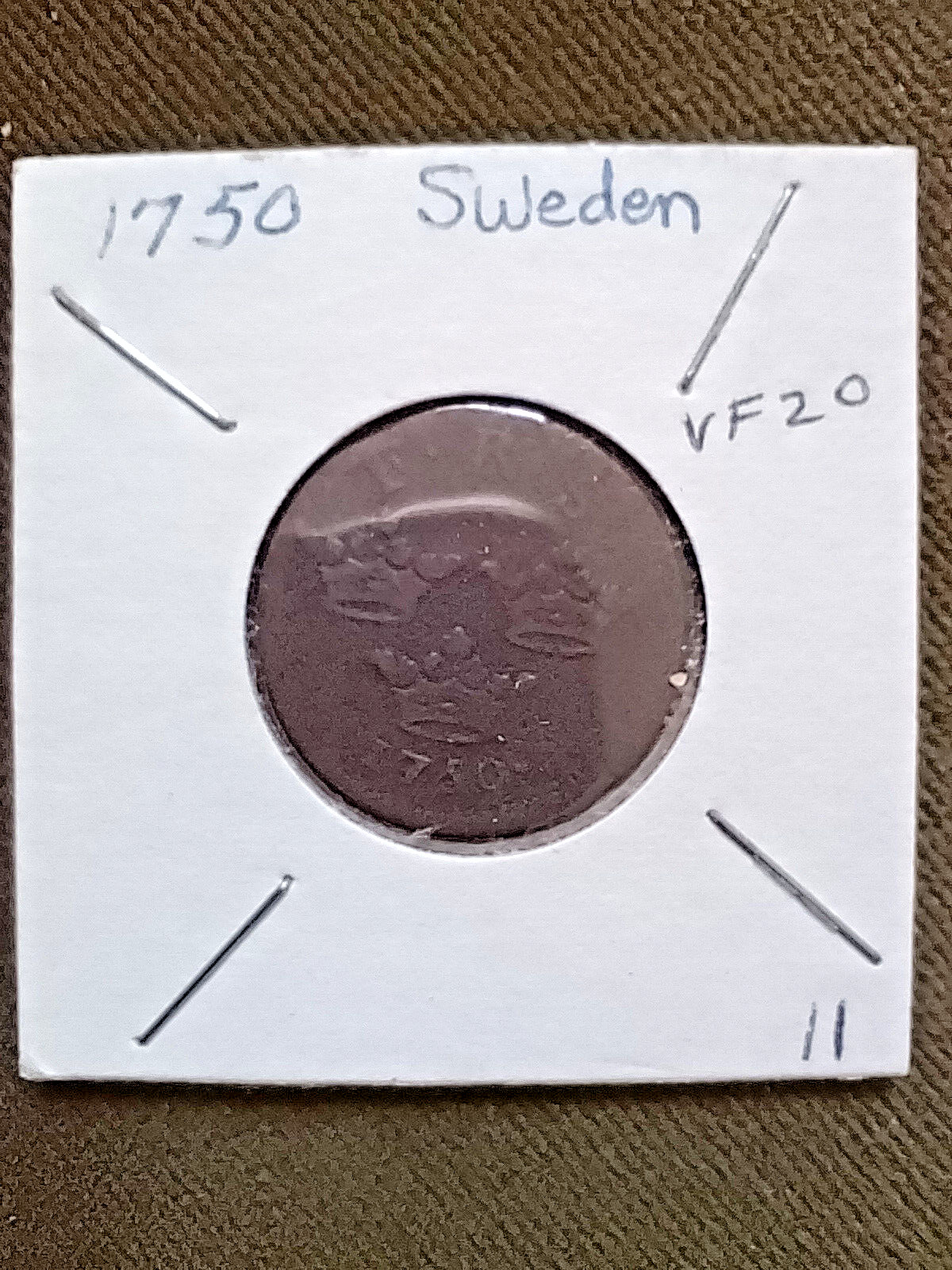 Antique Sweden Frederick I Copper 1750 SM 1 Öre VF Very Fine Condition