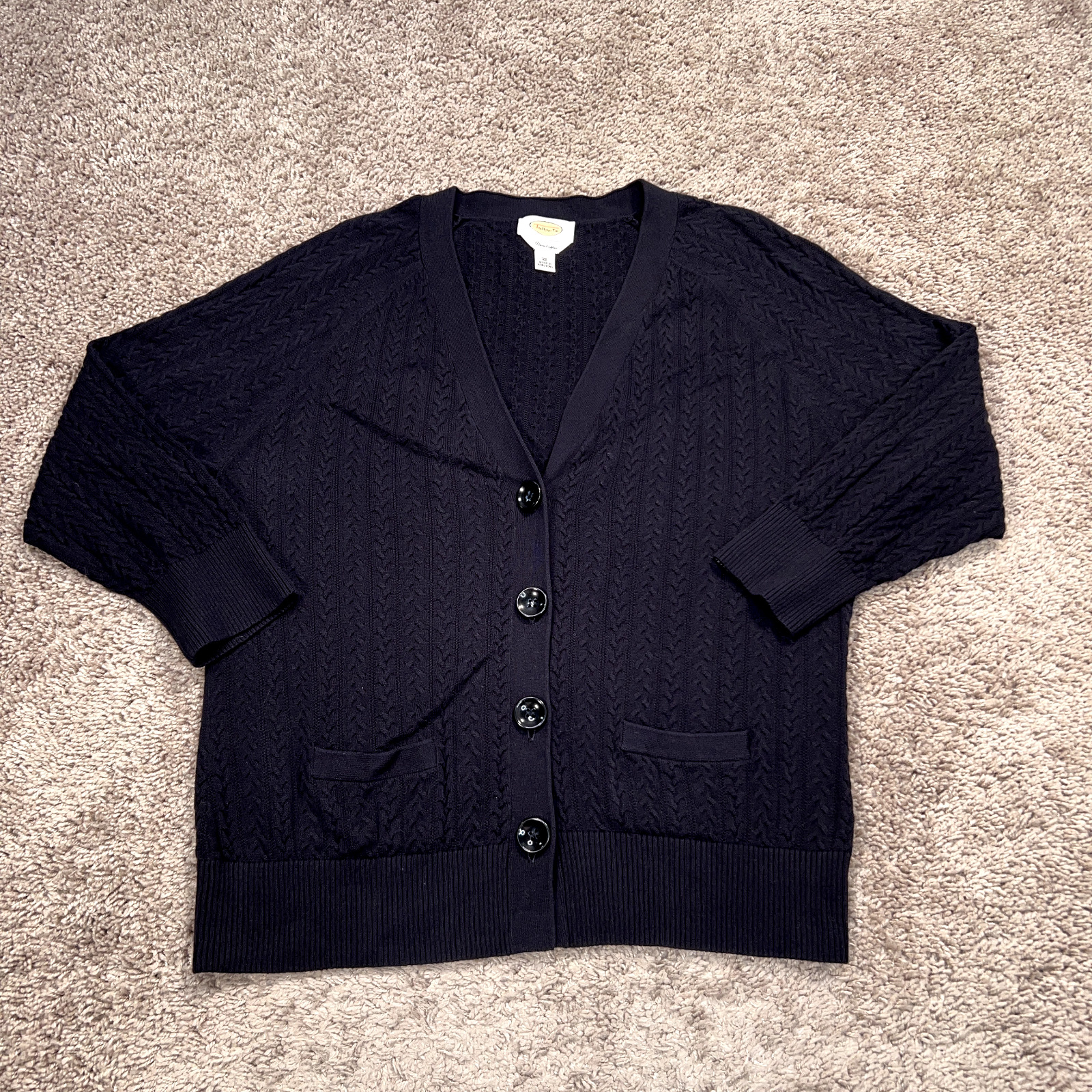 Vintage Talbots Cardigan Womens XL Blue Black Cable Knit Sweater Minimal Pima