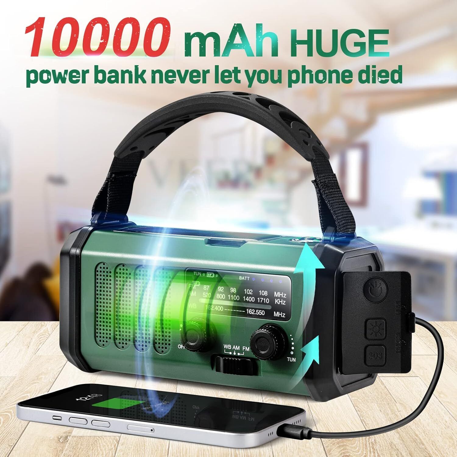 Hand Crank Emergency Solar IPX5 Weather Radio 10000mAh Power Bank Charger Light