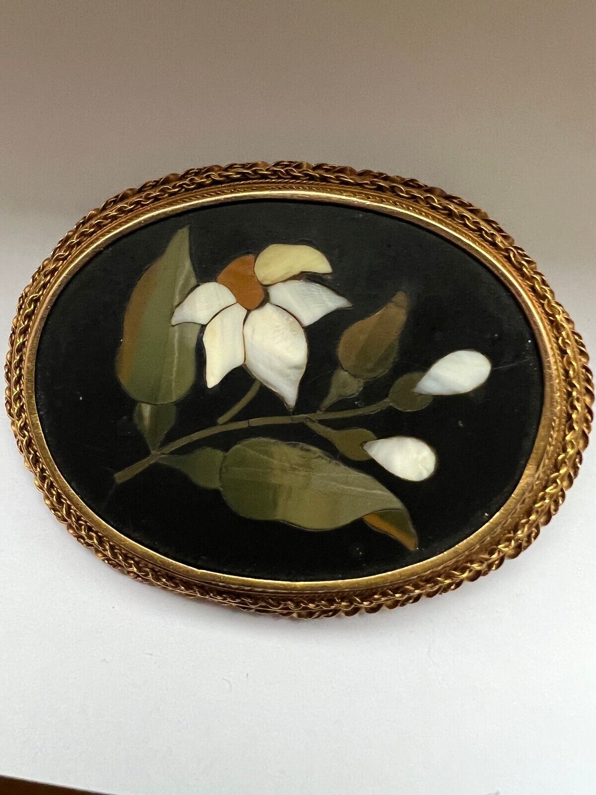 Antique Victorian Early Pietra Dura 14K Lily Brooch, c 1870