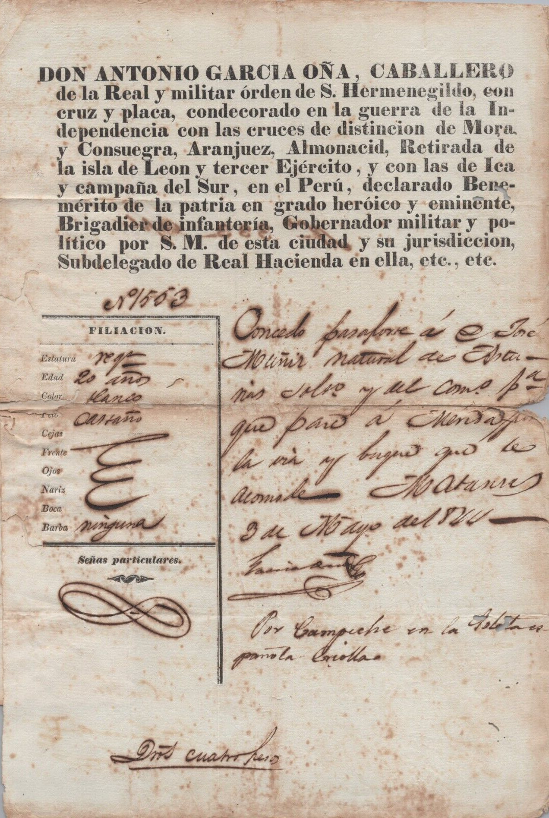 ANTIQUE 1844 CUBA SPANISH GOVERNOR ANTONIO GARCIA ONA SIGNED DOCUMENT AUTOGRAPH