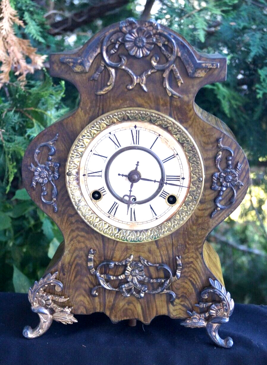 Antique 1890s New Haven WOOD GRAIN Cast Iron Mantle Clock VIDEO - RUNS - ODDITY
